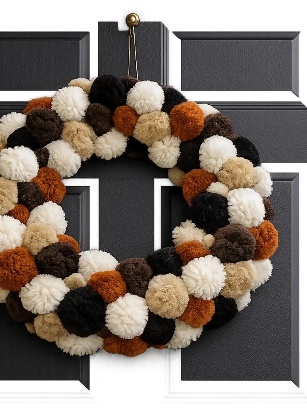 Cozy Pom-Pom Holiday Wreath in Cream, Black, Brown & Tan - Home Holiday